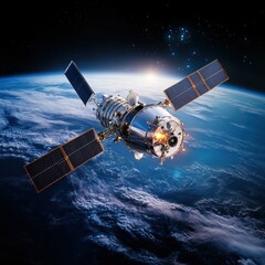 Fototapeta premium Studio shot of a satellite deployment from a spacecraft, isolated with soft lighting, creating a professional and versatile look, capturing the moment of release