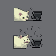 Cat confused by computer, pixel art meme