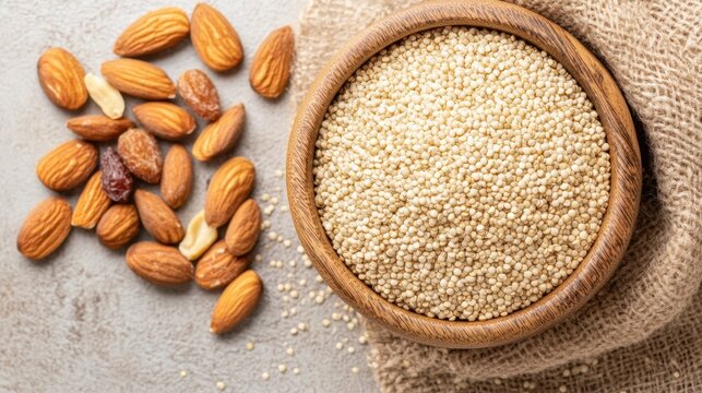 A wooden bowl filled with organic quinoa, nuts, and dried fruits on a neutral-toned background, top view