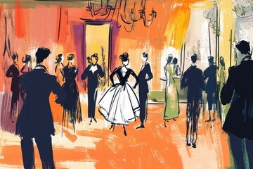 A grand ballroom scene depicts a formal social gathering of people