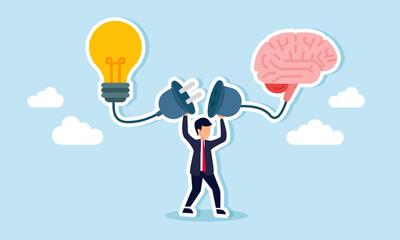A businessman holds an electrical plug, with one side connected to a light and the other to a brain, illustration of efforts to find business ideas and innovations