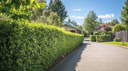 Fototapeta premium A thick natural hedge bordering a property in a suburban neighborhood.