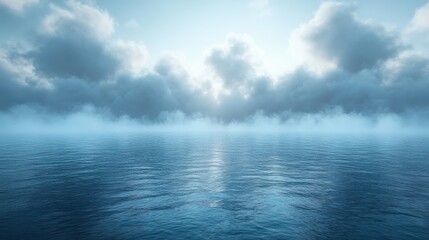Obraz premium misty morning mist blankets the calm ocean under a cloudy sky background catoon