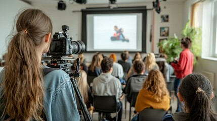 Student filming presentation in classroom