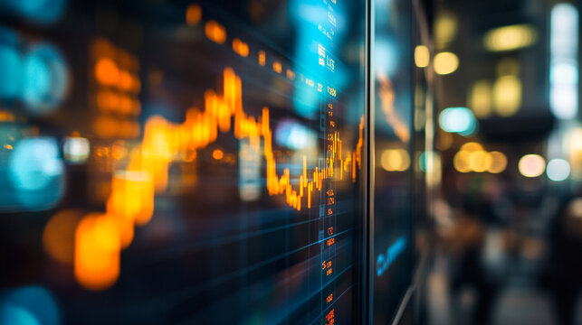 Financial markets display insightful trends highlighted by glowing data metrics during a bustling trading day in the city