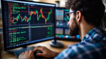 Fototapeta premium Passionate trader analyzing market trends in a cozy workspace while immersed in data and charts during a productive afternoon session