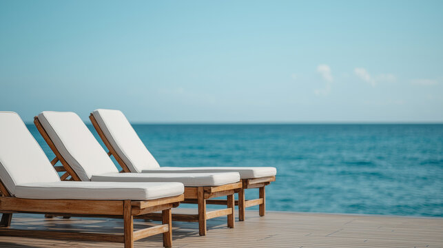 Empty lounge chairs on cruise deck offer an inviting ocean view at sunset
