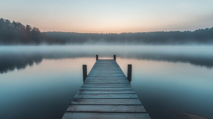 Naklejka premium A serene lake at sunrise. a wooden dock