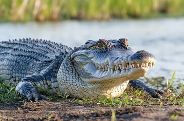 Fototapeta premium Majestic Close-Up of an Alligator Sunbathing by a Calm Water Body Surrounded by Lush Greenery in Natural Habitat