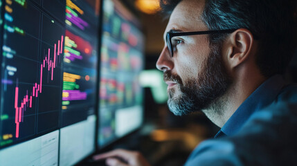 Fototapeta premium Focused analyst monitors intricate stock market data on multiple screens in a modern office setting during late evening hours
