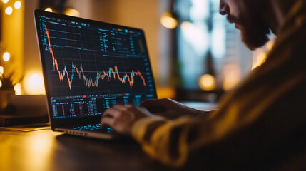 An intense moment of market analysis in a cozy workspace at dusk with glowing lights