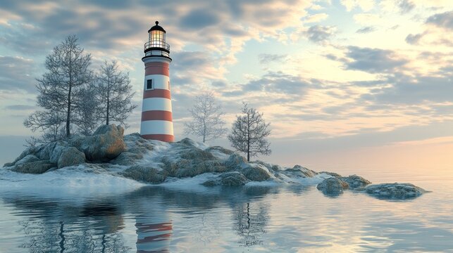Winter Lighthouse on Rocky Island - Powered by Adobe