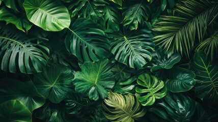 Lush Green Tropical Foliage with Diverse Leaf Patterns and Textures in a Vibrant Natural Background