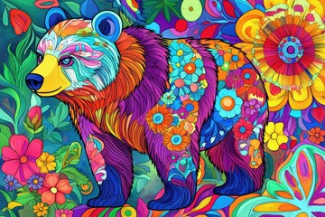 Fototapeta premium A Colorful Bear Adorned with Flowers Standing Amidst Greenery