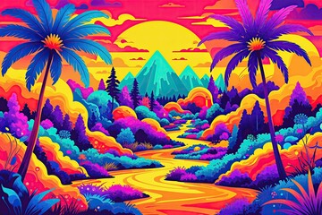 Vibrant Retro Funky Psychedelic Landscape Illustration