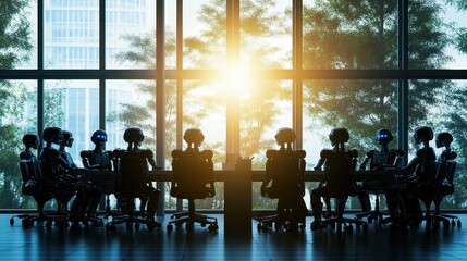 Leadership, silhouette and AI robot in blurred conference room for discussion, growth or development. business Planning, teamwork .