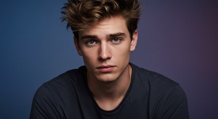 Obraz premium Contemplative Young Man Portrait in Studio Lighting Against Blue Gradient Background