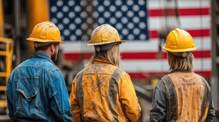 Workers in Safety Gear Standing Before American Flag Background