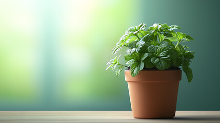 Fototapeta premium Fresh mint plant brightens a serene indoor space with gentle sunlight during a peaceful afternoon