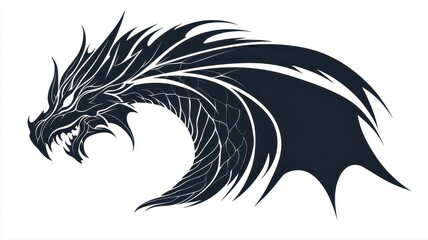 Obraz premium Intricate Black Dragon Silhouette with Detailed Scales and Fierce Expression on White Background