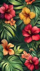 Vivid hibiscus blossoms and lush tropical leaves create a pattern
