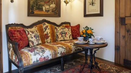 A warm and inviting space with a bold couch and a small table set for tea.