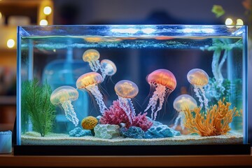 Mesmerizing Jellyfish Aquarium: Underwater Scene with Glowing Pink and Yellow Jellyfish