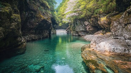 Naklejka premium The crystal clear water flows between canyon rock walls