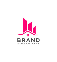 Fototapeta premium Modern magenta city skyline and house roof logo concept, ideal for real estate, property development, or urban branding. Clean vector illustration on white background.