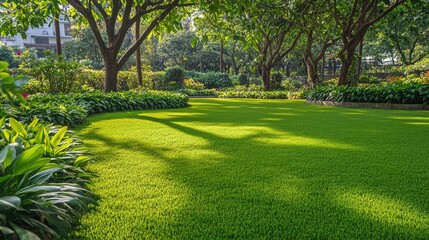Naklejka premium A well-manicured lawn with a prominent shade tree in the center.