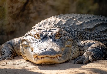 Fototapeta premium Majestic Crocodile Lying On Sandy Surface With Detailed Skin Texture and Intense Eyes Showcasing Nature's Unique Reptilian Adaptations and Beauty