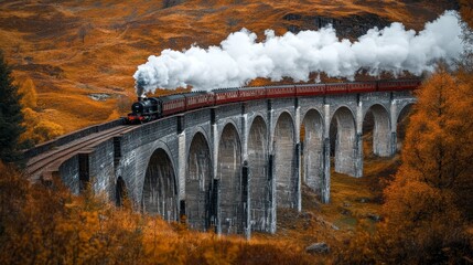 Obraz premium A steam train crossing hills and greenery.