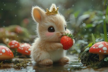 A small fluffy bunny wearing a crown enjoying a red strawberry