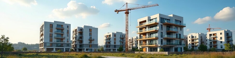 Modern concrete housing estate under construction, crane visible ,  residential,  building site,  estate