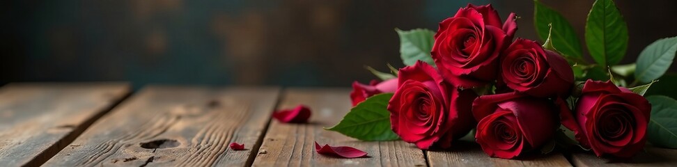 Naklejka premium Elegant bouquet of deep burgundy roses on a rustic wooden table, arrangement, rustic, table