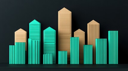 Fototapeta premium A colorful abstract representation of a city skyline featuring geometric buildings in teal and tan against a dark background.