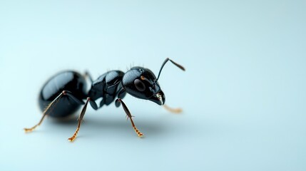 Close-up of a black ant on a light background showcasing its intricate details and anatomy