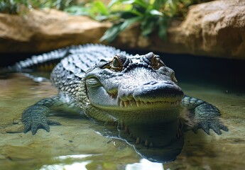Obraz premium Majestic crocodile resting in serene water surrounded by lush green foliage showcasing the beauty of wildlife in its natural habitat