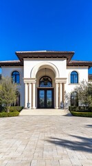 Obraz premium Luxurious modern home entrance blending elegance with nature, showcasing timeless architectural beauty. 