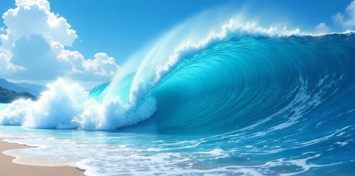 Vibrant anime style blue water wave crashing on shore, illustration, aquatic