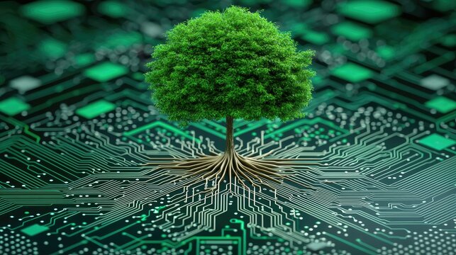 A digitally rendered tree emerges from a circuit board, symbolizing the intersection of nature and technology. - Powered by Adobe