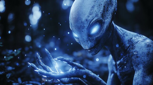 Extraterrestrial encounter, Mysterious blue alien holding glowing energy in the forest