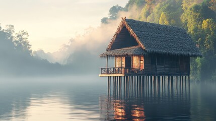 Fototapeta premium Sunrise Over Water: Serene Wooden House on Stilts in Misty Tropical Forest