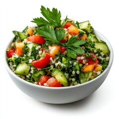 High-resolution image of a bowl of tabbouleh salad against a white backdrop, perfect for e-commerce, catalogs, and promotional content, featuring fresh parsley, bulgur, and diced tomatoes