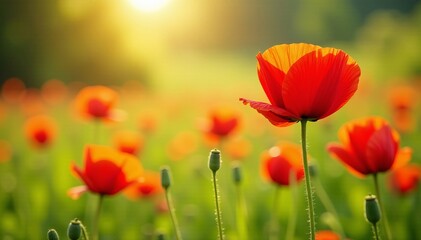Obraz premium Vibrant red poppy flowers blooming in a sunny meadow, poppy, vibrant