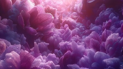 Violet Birth Month Flower February, close-up of violet flowers in a dewdrop-covered garden, deep purple petals with intricate textures, lush greenery, soft morning light, artistic floral photography