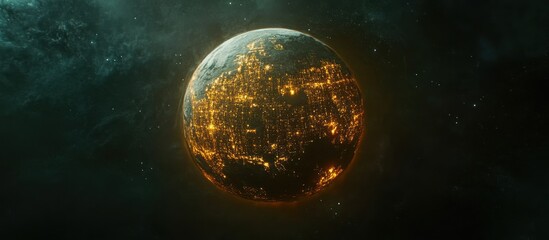 Obraz premium Alien Planet with City Lights in Space