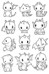 Obraz premium Cute baby dragons coloring page; fantasy creatures; children's activity book