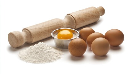 Wooden rolling pin, flour, eggs, and egg yolk on white background for baking