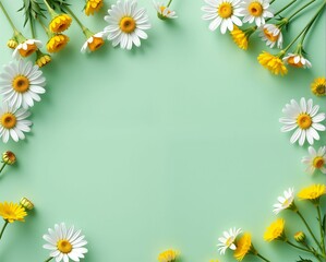 Obraz premium A vibrant arrangement of white daisies and yellow flowers on a mint green background, creating a cheerful and fresh floral border.